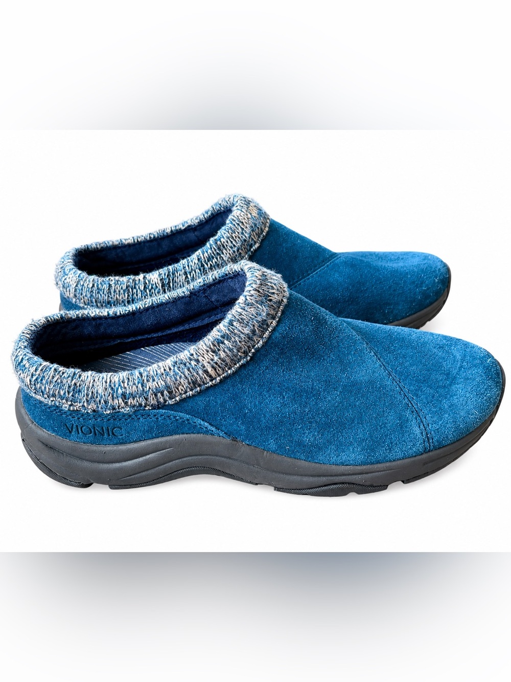 Vionic Arbor Blue Suede Knit Collar Comfort Clogs Shoes Size 8